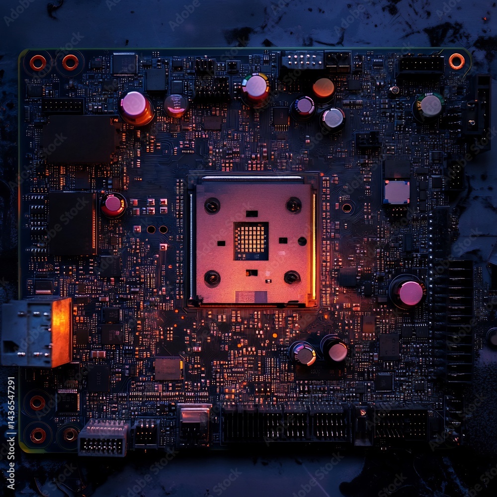 Poster illuminated circuit board highlighting sophisticated microchip technology concept