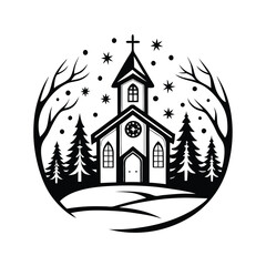 Monochrome Church Building, Pine Trees, Snowflakes, and Bare Trees in Circle
