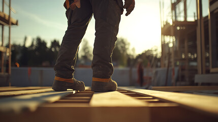 Fototapeta premium Construction Worker Standing on Wooden Planks at Sunset