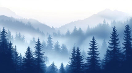 Fototapeta premium A misty forest landscape with tall trees nature snow fog.