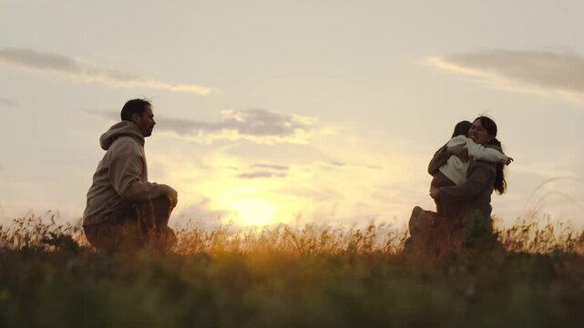 Pure joy of childhood captured, mother and father expressing unconditional love, countryside family happiness, running into the warmth of home, golden sunlight as a backdrop, shared laughter and