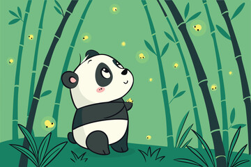 78 Cute cartoon panda, bamboo forest, magical glowing fireflies, lush green background, soft lighting, dreamy atmosphere, digital art, 3D rendering, high detail, adorable character design, fantasy ele © Md Ruhul Amin