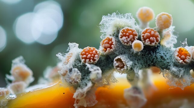 Surreal macro shot of mold spores decaying fruit with soft bokeh