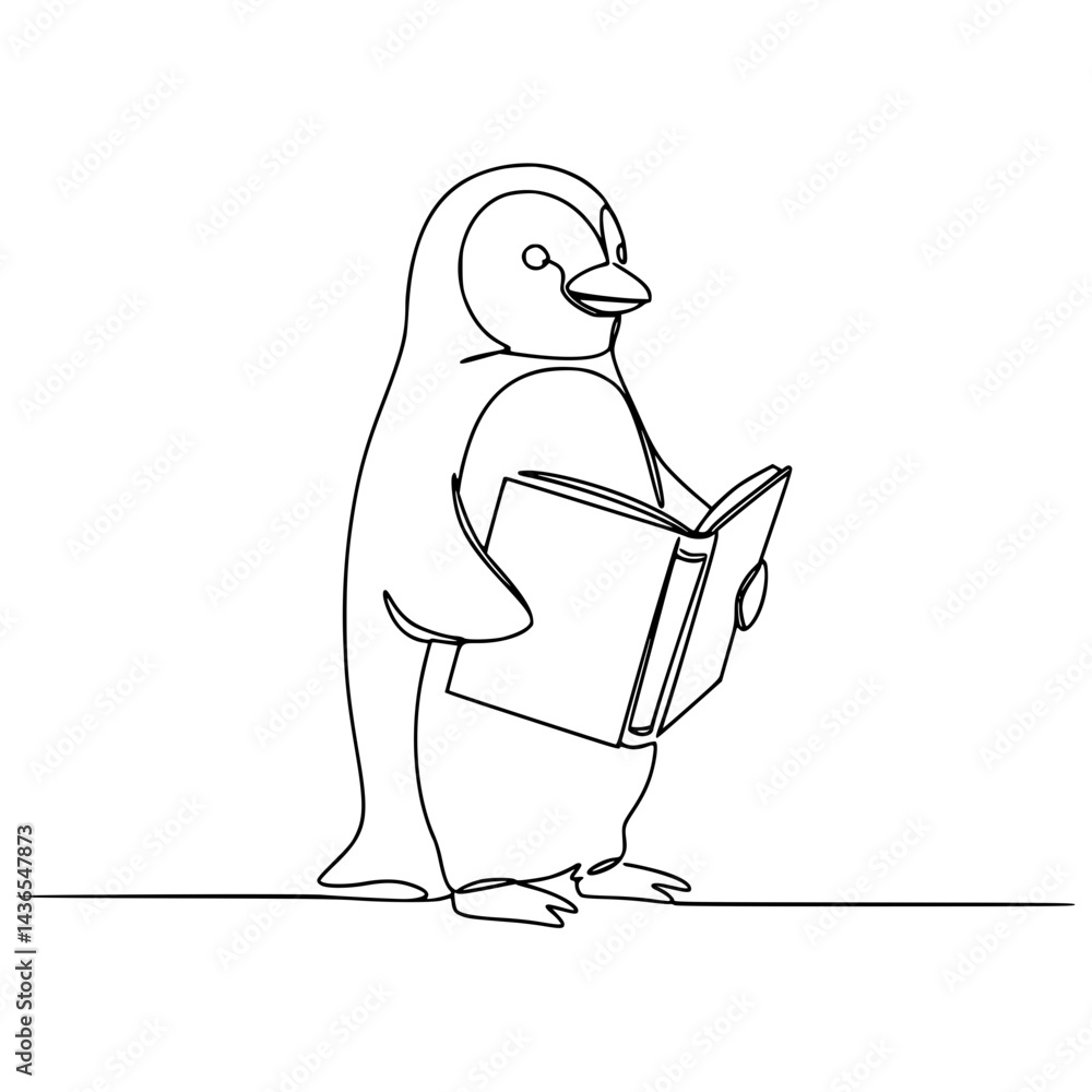 Poster Penguin Reading a Book in a Simple Line Drawing Style  