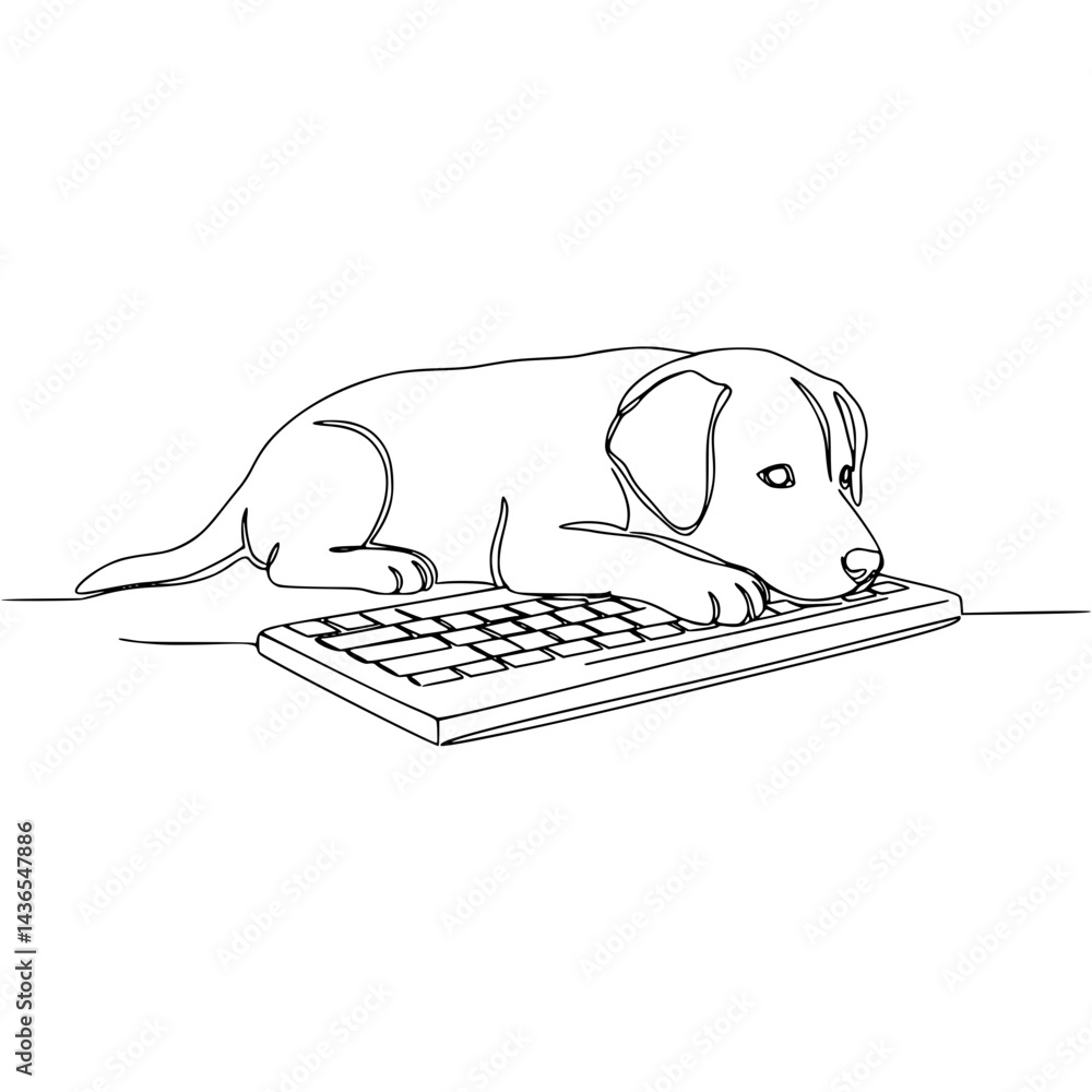 Poster puppy resting on keyboard in a playful line drawing style, transparent background