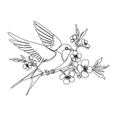 Line drawing of a bird (swallow) with flowers on a transparent background  