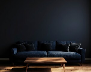 Dark Blue Sofa and Rustic Coffee Table in Minimalist Living Room