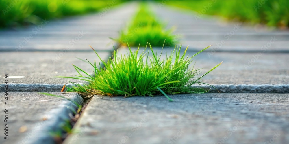 Poster vibrant green grass stubbornly pushing through the cracks of a paved pathway, a testament to nature'