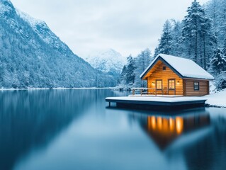 Fototapeta premium Lakeside cabin, snow-covered, glows warmly at dusk, reflecting in tranquil water, mountains in background