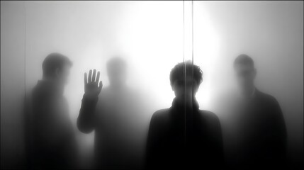 Blurred figures appear behind an opaque wall. One figure has a hand up.