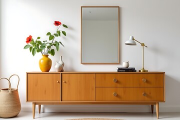 Mid-Century Modern Credenza with Poppies and Mirror in a Minimalist Interior, Natural Light                                                           