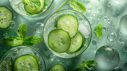 Top view of refreshing cucumber and mint water in glasses with ice, creating a healthy, fresh, and hydrating summer drink concept.
