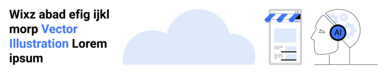 Cloud icon, storefront, and human head with AI headset represent cloud computing, e-commerce, and AI innovation. Ideal for technology, AI, digital business, cloud storage e-commerce online