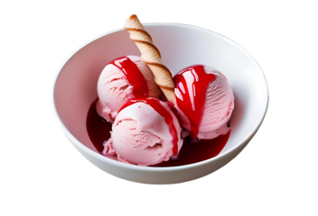 Bowl of Strawberry Ice Cream with Syrup and Wafer Cookie - Delicious Dessert