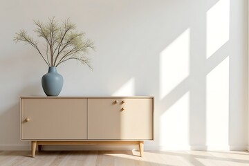 Minimalist Interior with Light Beige Cabinet and Blue Vase Against a White Wall                                                                       