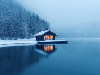 Fototapeta premium Serene winter scene a lakeside cabin glows warmly, nestled amongst snow-covered trees and a calm, reflective lake at twilight