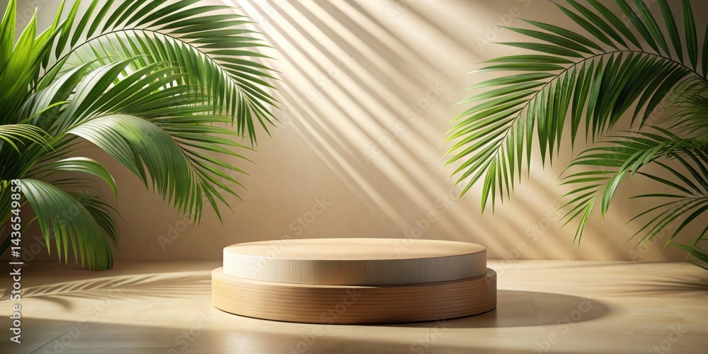 Poster serene minimalist display featuring a two-tiered wooden pedestal adorned with lush greenery under so