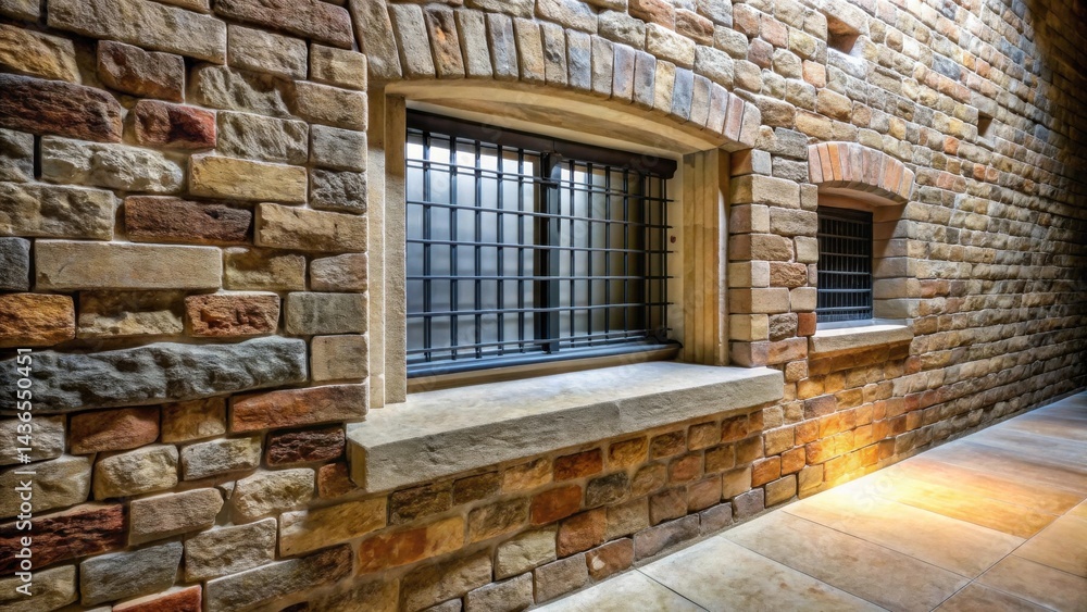 Poster a stone wall corridor with arched windows featuring protective metal grilles, illuminated by soft li