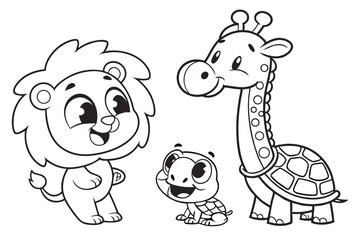 80 Cute cartoon animals, black and white line drawing, smiling baby bear, friendly lion cub, adorable giraffe, happy turtle, children's book illustration style, simple outlines, expressive faces, play
