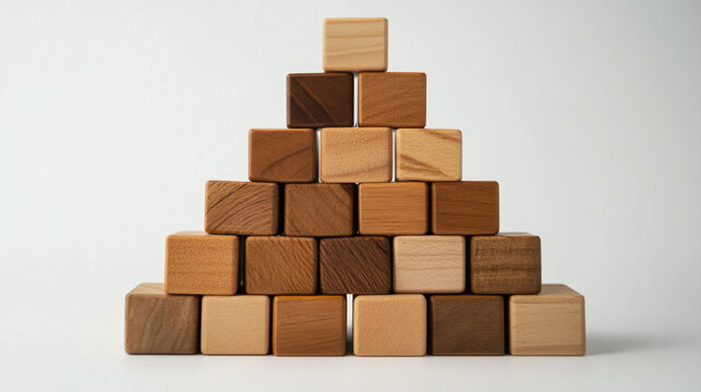 Wooden blocks forming pyramid chart showing hierarchy and different levels of leadership.