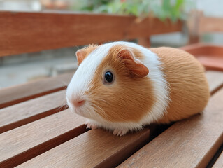 Adorable guinea pig sitting on a wooden bench / 나무 벤치에 앉은 귀여운 기니피그