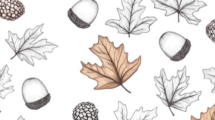 Autumn leaves and acorns pattern; nature background, seasonal design