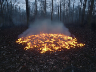 Forest fire burning fallen leaves  Smoke rises among leafless trees