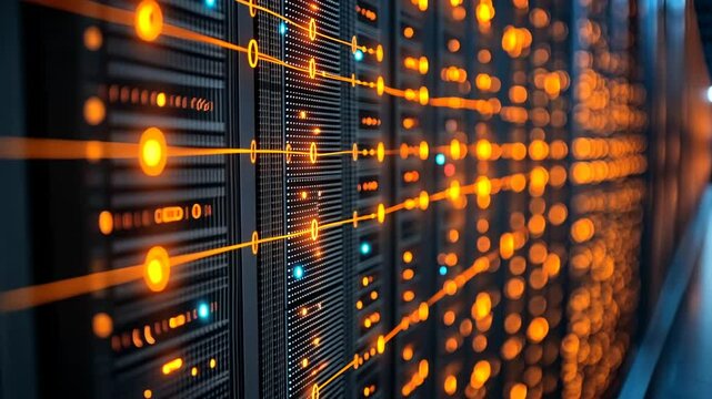 Rows of servers glowing in orange and blue with interconnected data lines. Futuristic tech