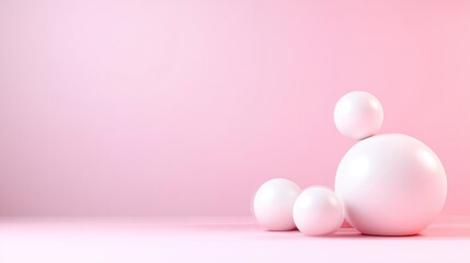 Fototapeta premium White Spheres Small Balls Minimalist Style High-gloss Rendering Wide Angle Shot Balanced Composition Abstract Art Pink Background Soft Pink Hues Ideal for Branding Projects