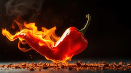 Fiery red chili pepper ablaze with flames, evoking spice, heat, and culinary intensity on dark background.