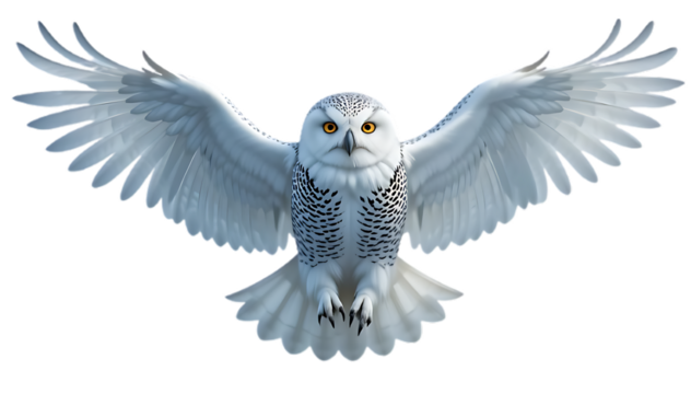 Majestic snowy owl in flight, wings fully spread, piercing yellow eyes, detailed feathers, white and gray plumage, symmetrical pose