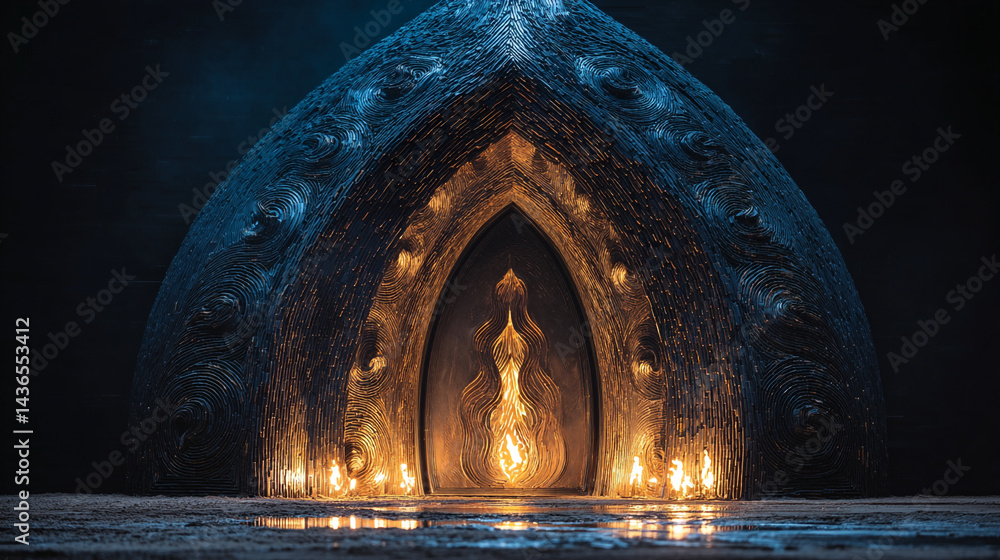Poster illuminated archway with intricate patterns and flickering candles in a dark and mysterious setting