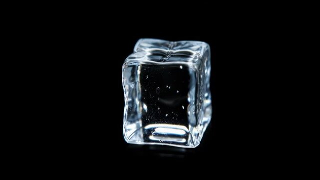 Rotating ice cube close-up realistic style on black background