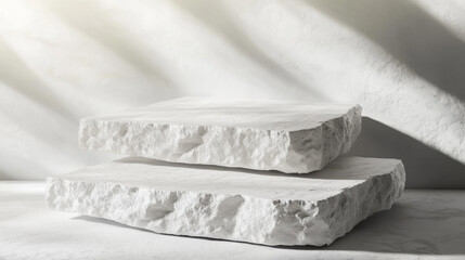 Obraz premium White pieces of stone slabs forming a product podium for product display. Mock-up for exhibitions or presentation of cosmetic products or packaging. 3d rendering.