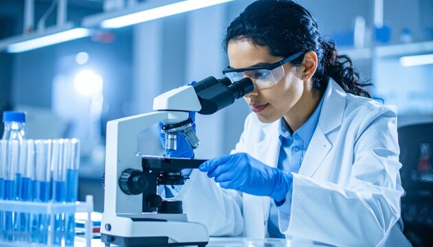 Focused Scientist Using Microscope in Modern Laboratory Scientific Research and Discovery