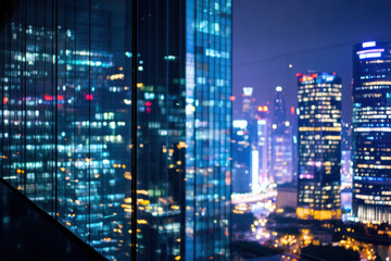 Night Cityscape View Through Glass with Blurred Office Building Lights and Urban Skyline