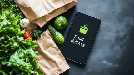 Fresh Vegetables and Smartphone Food Delivery App on Dark Background
