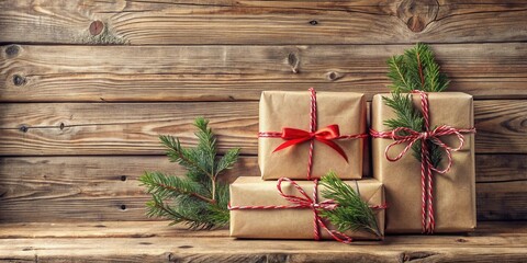 Obraz premium Rustic Wooden Background Featuring Stacked Wrapped Gifts Adorned with Evergreen Sprigs and Festive Ribbon