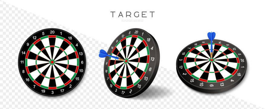 Dartboard vector icon set. Black dart board with arrows for pub darts game. Business target symbol