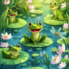 Three smiling frogs sit on lily pads in a pond surrounded by blooming lotus flowers and lush greenery.