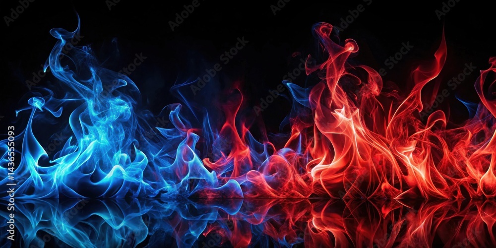 Poster Abstract fiery reflection of vibrant blue and red flames against a dark background, creating a captivating visual spectacle