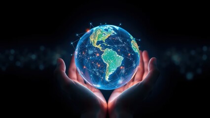 Hands holding a glowing Earth with network connections