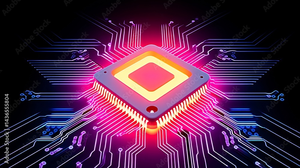 Poster abstract depiction of a central processing unit with glowing circuitry backdrop
