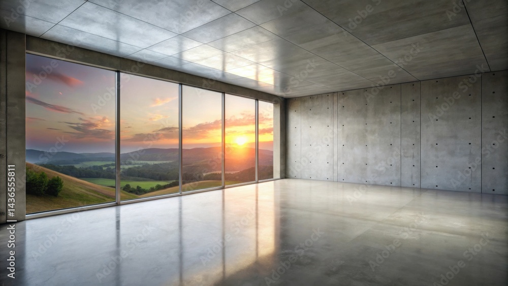 Poster serene sunset views from a minimalist concrete room with expansive windows