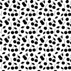 Seamless pattern with black cherry and leaf silhouettes on a white background. Suitable for packaging, textiles, wallpapers,
