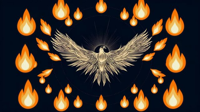 Stylized pixel art of a phoenix surrounded by flames against a dark background. Intricate details in the bird's design.  Fiery orange and dark navy color palette.