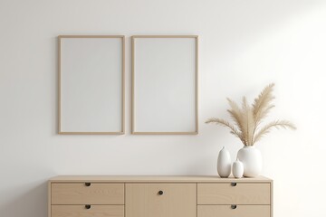 Modern Interior with Blank Frames and Decorative Vase, Display Mockup - Minimalist Aesthetic for Artwork or Photography.                              