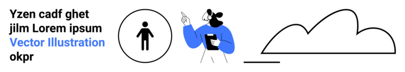 Person icon in circle, woman holding tablet and pointing, and abstract outlined cloud. Ideal for technology, data, communication, teamwork, education, creative processes simple landing page