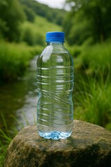 "A clear water bottle placed on a tree stump with a river flowing in the background. Natural and refreshing outdoor scene."
