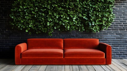 Fototapeta premium Elegant Orange Sofa Against a Green Wall in Minimalist Interior Design